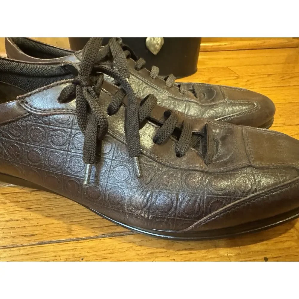 Salvatore Ferragamo LOGO BROWN LEATHER DRESS SNEAKER 9eee (700